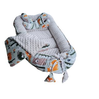 Baby Nestchen + Kissen und Decke Minky 3tlg Kokon Nest Babynest Reisebett Wickelauflage Babydecke Kuschelnest Grau/Wald