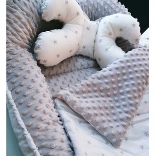 Baby Nestchen + Kissen und Decke Minky 3tlg Kokon Nest Babynest Reisebett Wickelauflage Babydecke Kuschelnest Grau/Sterne